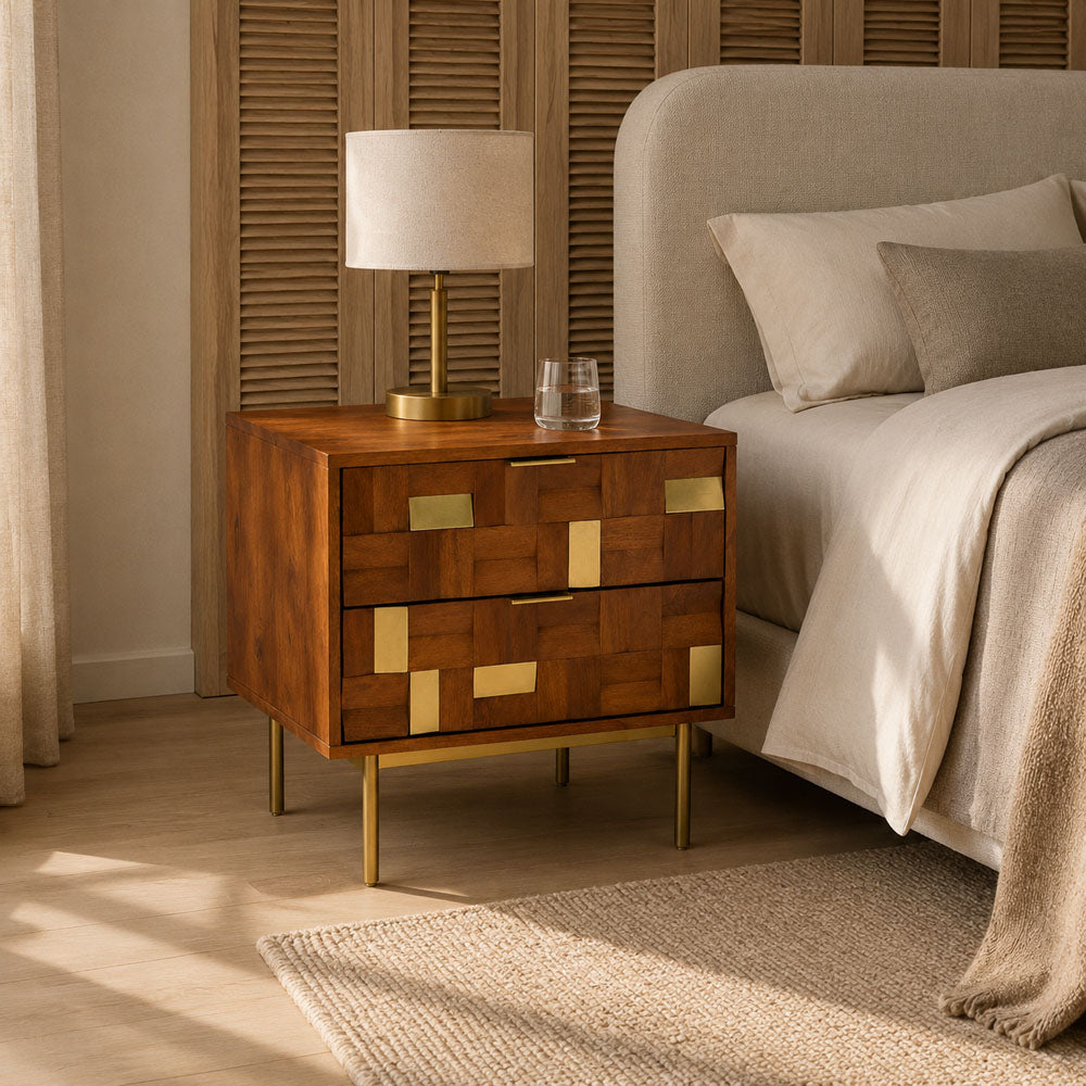 River Mango Wood 2-Drawer Bedside Table with Brass-Clad Panels and Honey Finish