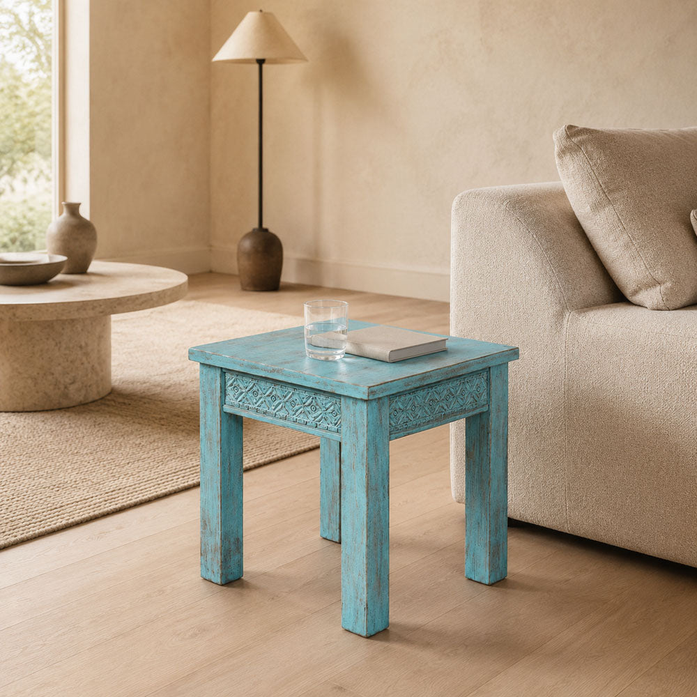 Kian Hand-Carved Mango Wood Side Table in Distressed Blue Wash