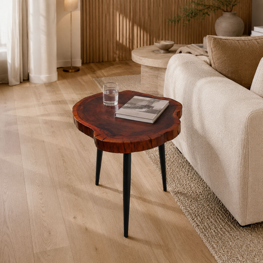 Mason Live Edge Acacia Wood Side Table with Black Iron Tripod Base