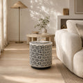 Ivy Handcrafted Geometric Bone Inlay Side Table with Black Metal Base