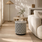 Ivy Handcrafted Geometric Bone Inlay Side Table with Black Metal Base