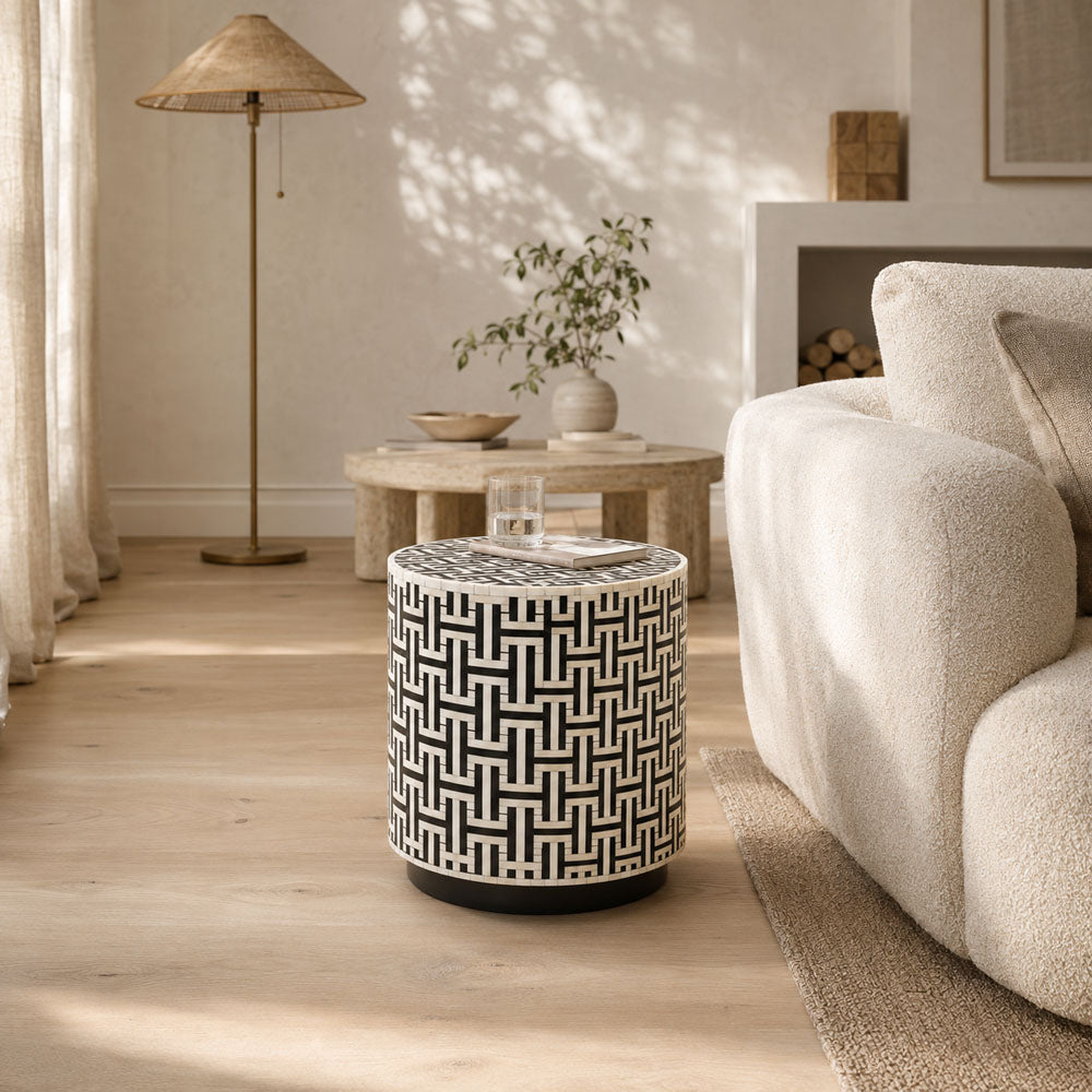 Ivy Handcrafted Geometric Bone Inlay Side Table with Black Metal Base