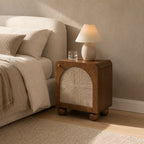 Myra Mango Wood Bedside Table with Woven Jute - Walnut Finish Japandi Nightstand