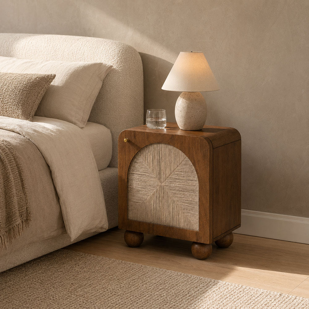 Myra Mango Wood Bedside Table with Woven Jute - Walnut Finish Japandi Nightstand