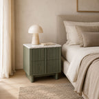 Klaus Green Mango Wood Bedside Table with Natural Emperador Marble Top and 2 Drawers