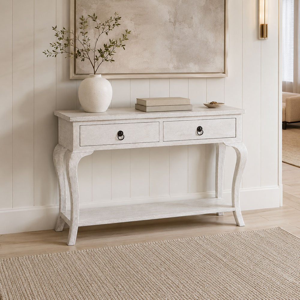Timber White Mango Wood Console Table with 2 Drawers and Open Shelf