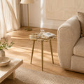 Dante Floral Round Agate Side Table with Gold Tripod Legs - Beige