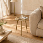 Dante Floral Round Agate Side Table with Gold Tripod Legs - Beige