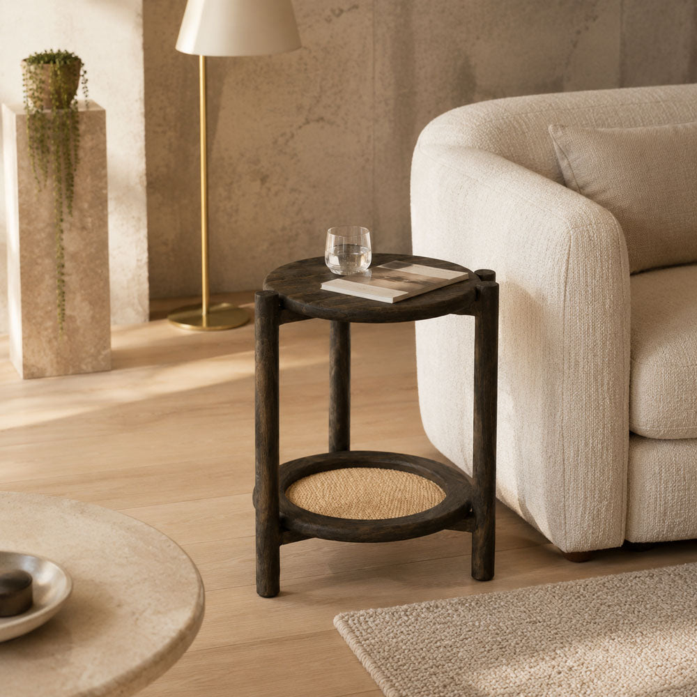 Enola Round Mango Wood and Rattan Cane Side Table - Japandi Accent End Table