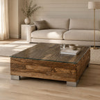 Caleb Reclaimed Wood Square Coffee Table with Glass Top and Metal Legs