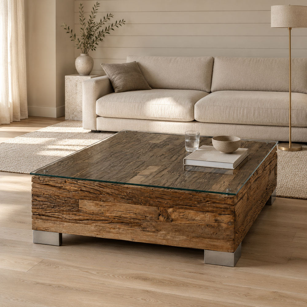 Caleb Reclaimed Wood Square Coffee Table with Glass Top and Metal Legs