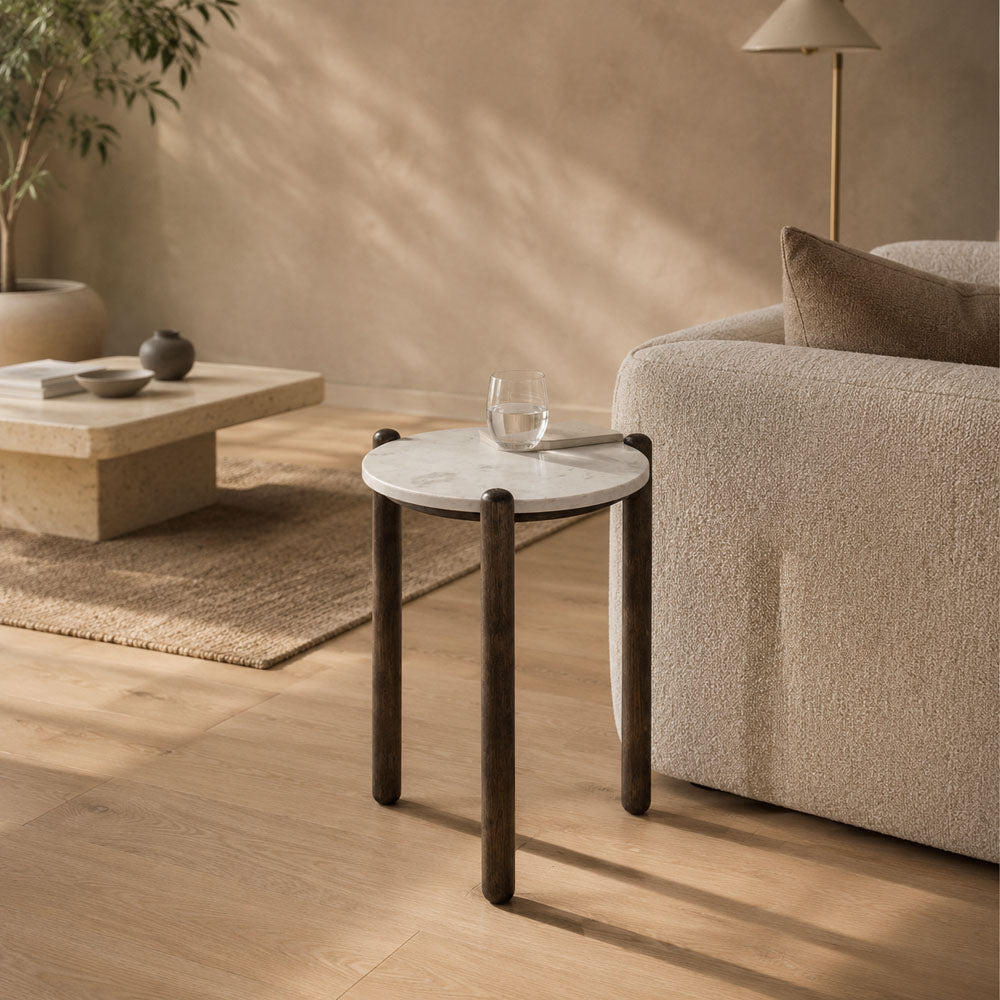 Cherie Marble Top Side Table - Walnut Mango Wood Base Accent Table