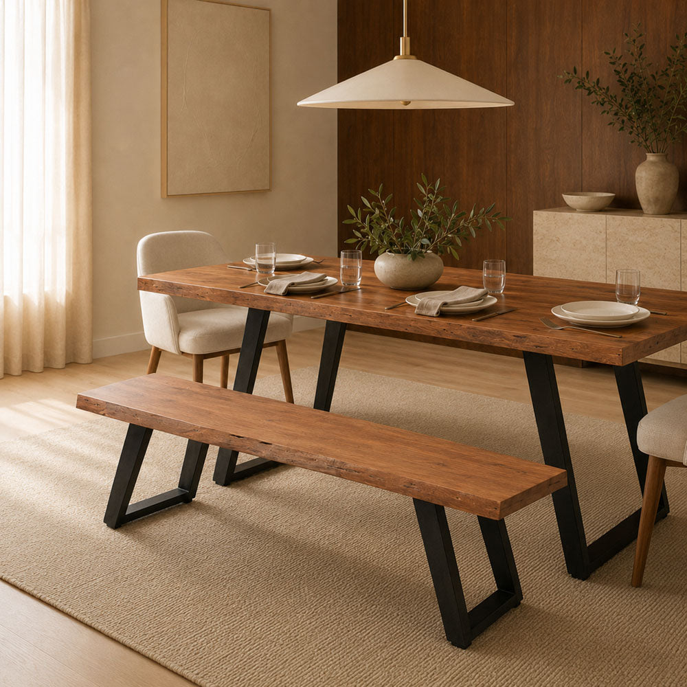 Richmond Industrial Acacia Wood Bench with Iron Legs - Walnut Finish