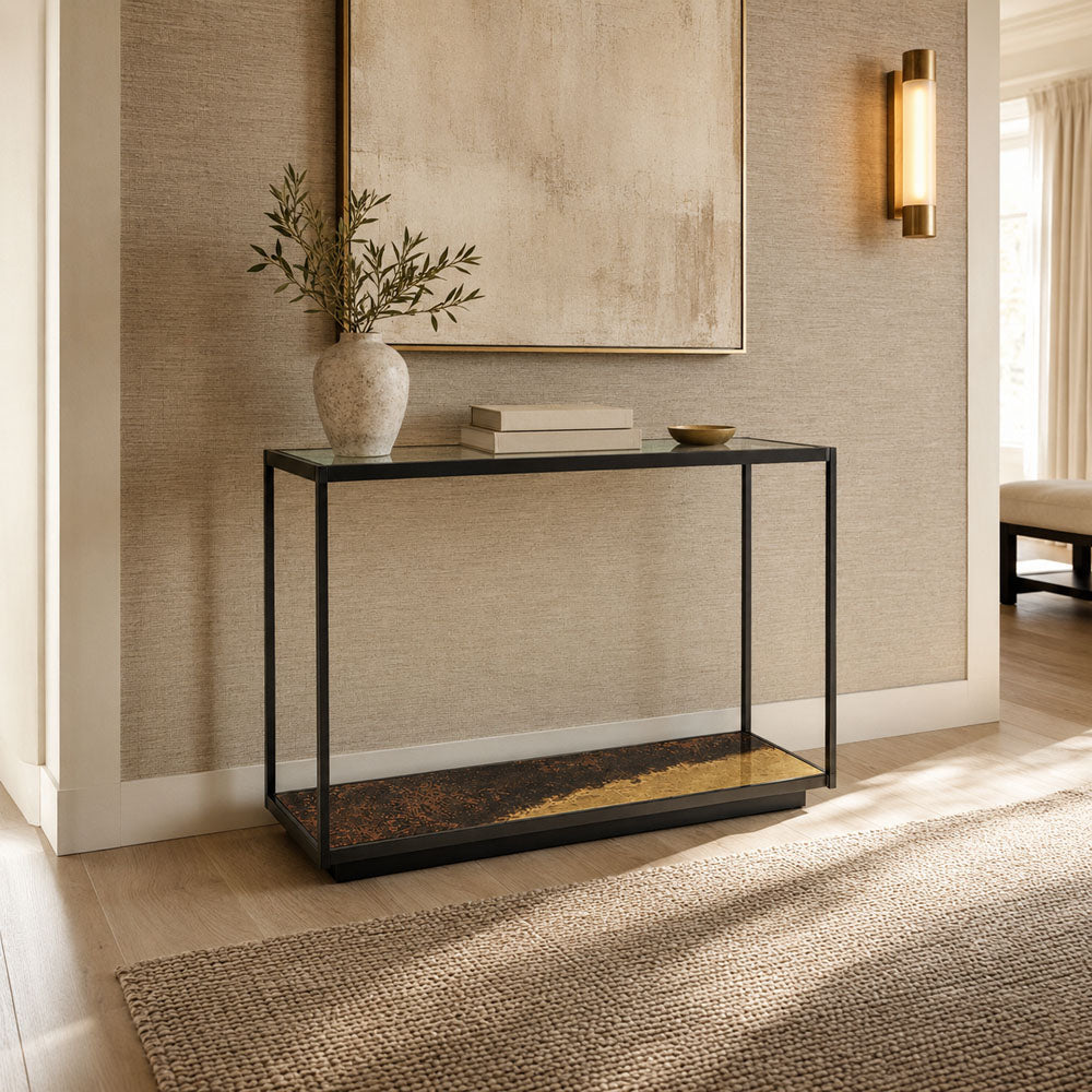 Stella Iron and Tempered Glass Console Table with Brass Finish and Lower Shelf