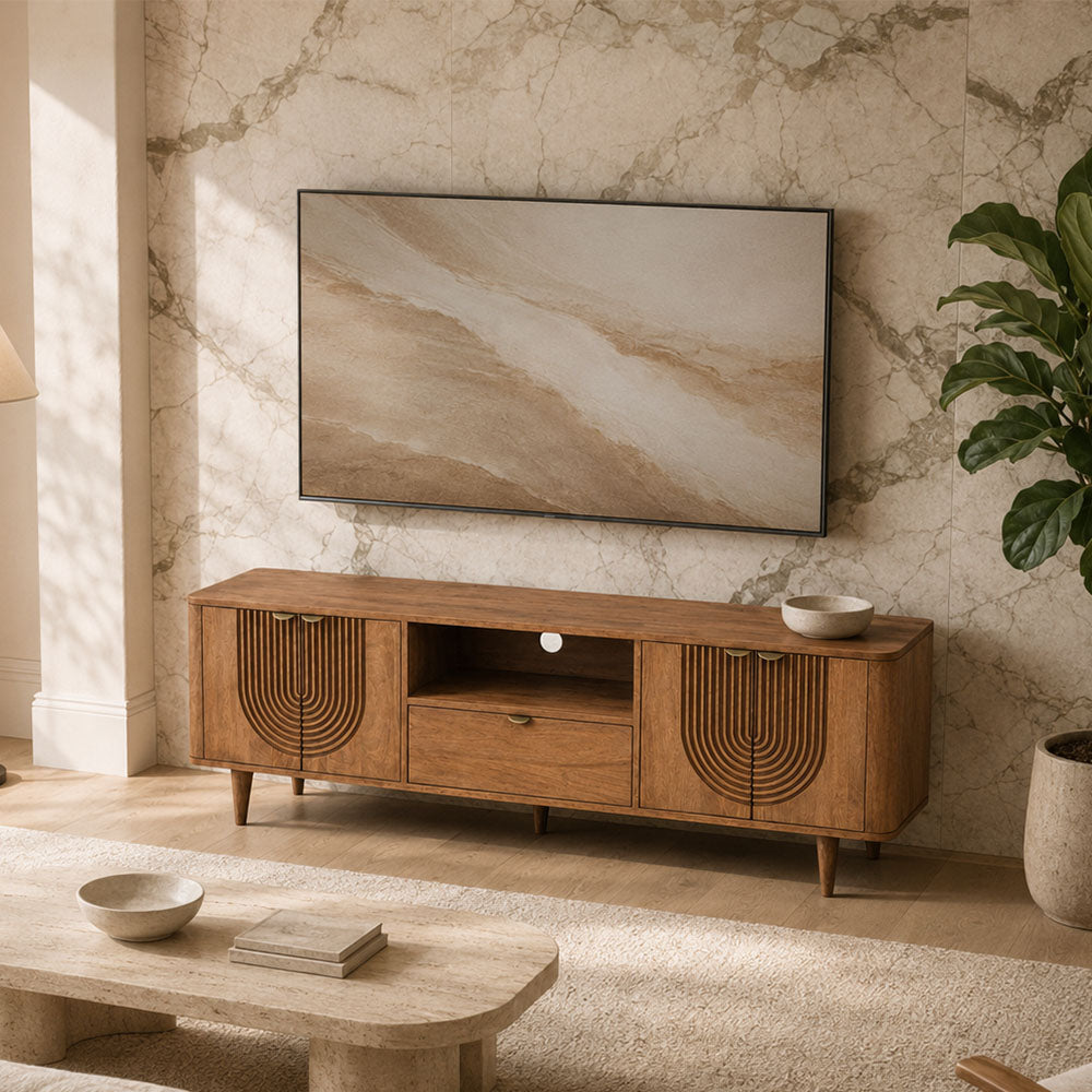 Aviso Mid-Century Mango Wood Media Unit with Brass Details