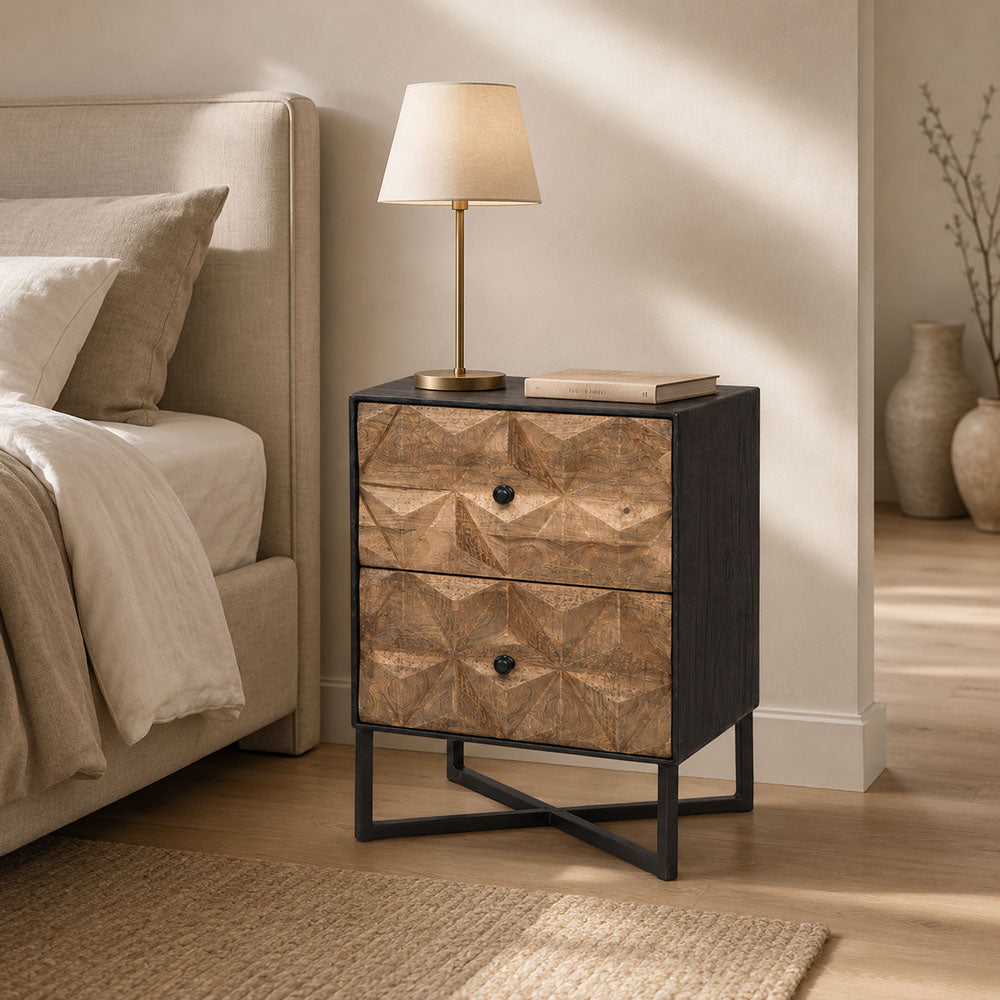 Colin Geometric Diamond Carved Mango Wood 2 Drawer Bedside Table