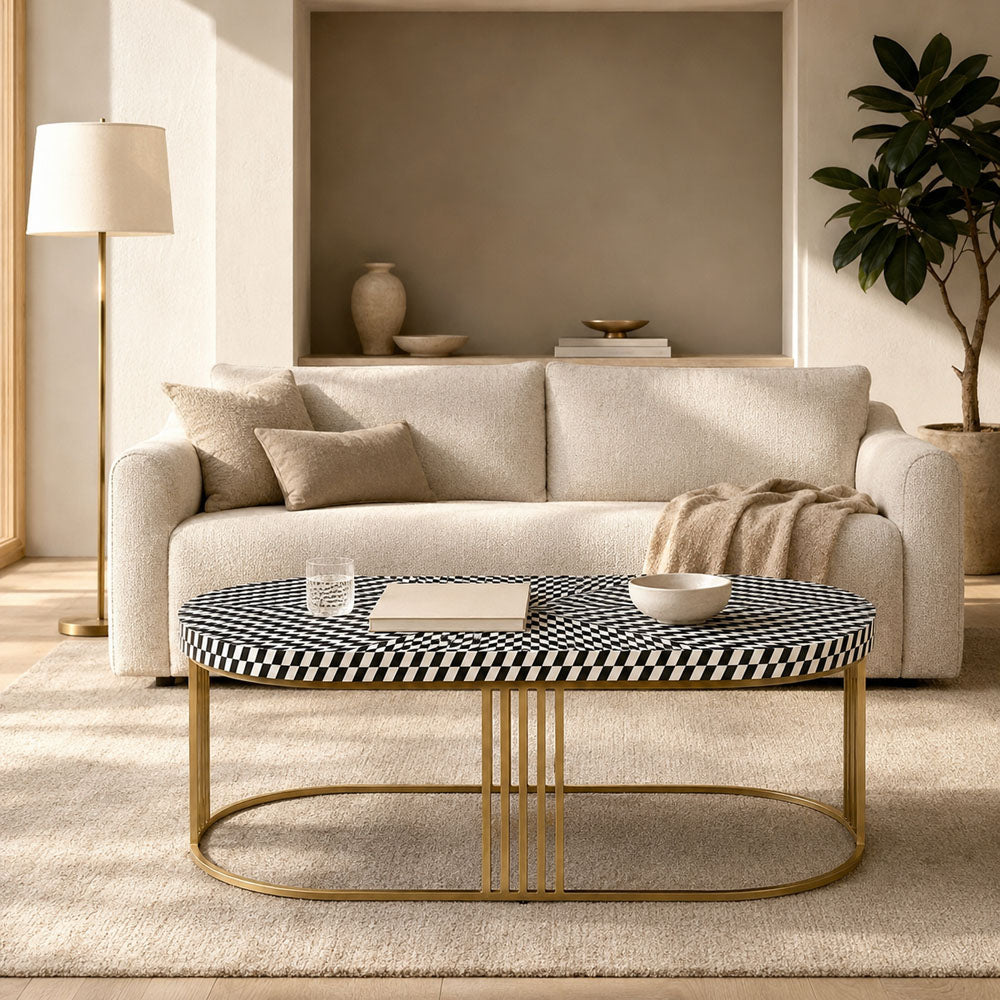 Mia Geometric Bone Inlay Coffee Table with Gold Metal Frame