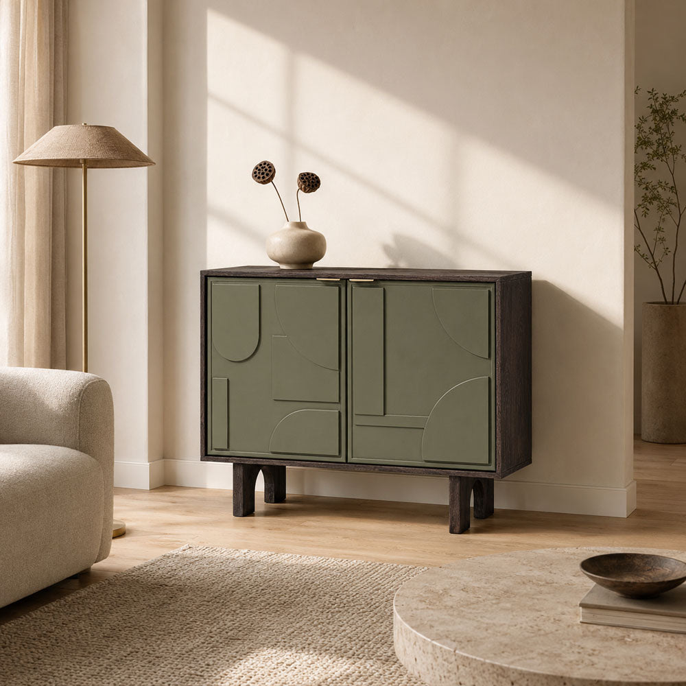 Moss Mango Wood Two Door Storage Cabinet in Walnut & Sage Green