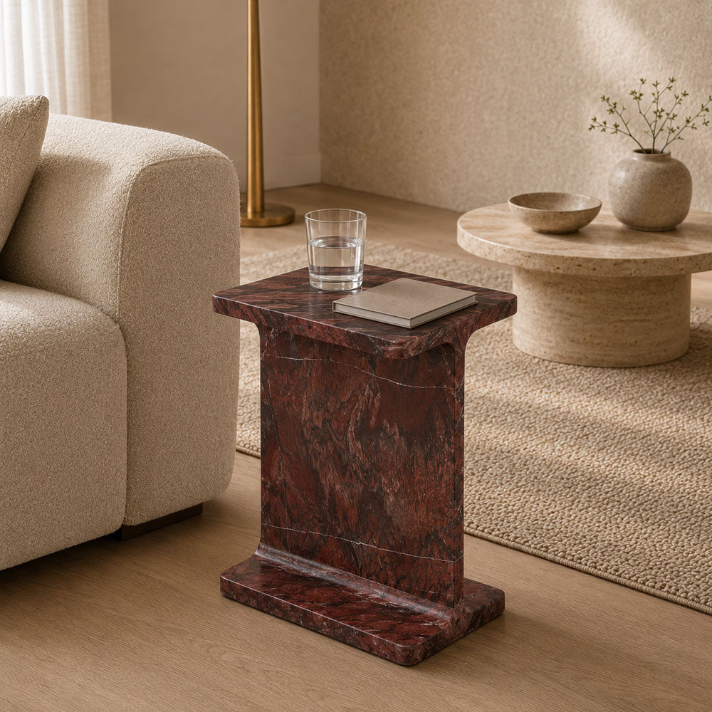 Julian Solid Red Marble Side Table - Bold Sculptural Accent Table