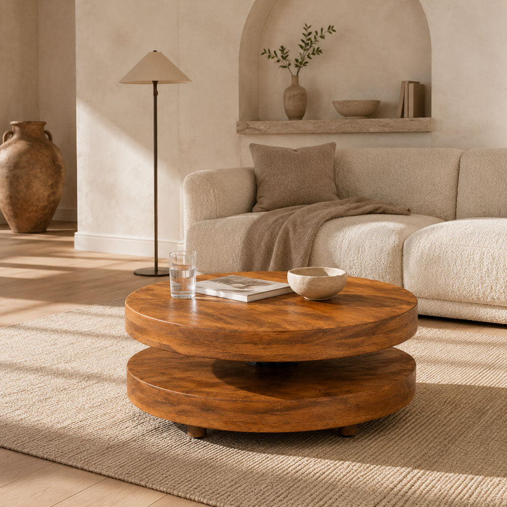 Wren 2-Tier Mango Wood Coffee Table with Storage and Iron Base - Honey Finish