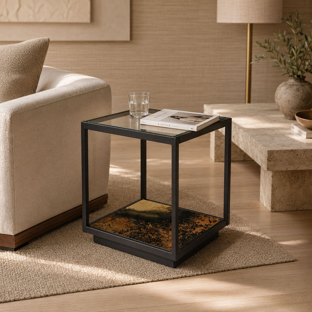 Stella Modern Iron & Glass Side Table with Storage Shelf