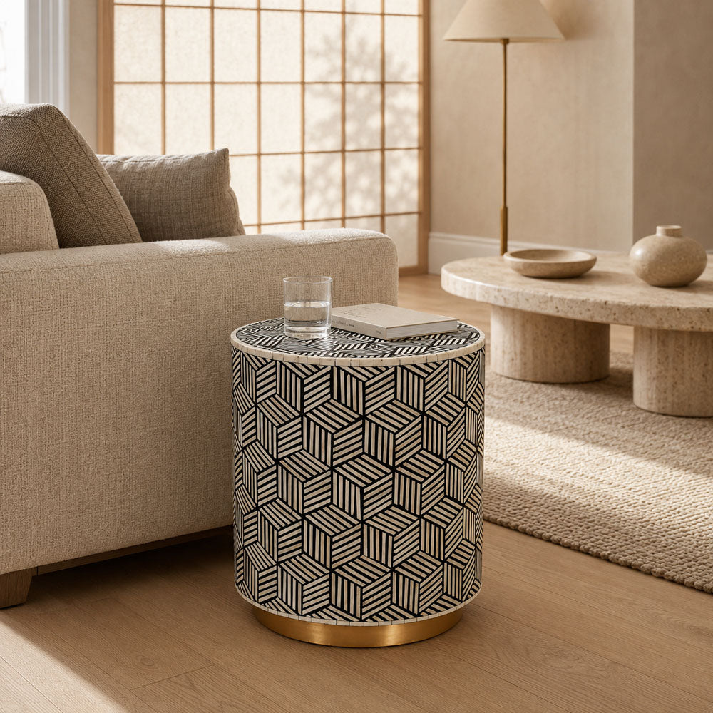 Brea Handcrafted Bone Inlay Geometric Stripe Side Table with Gold Accents