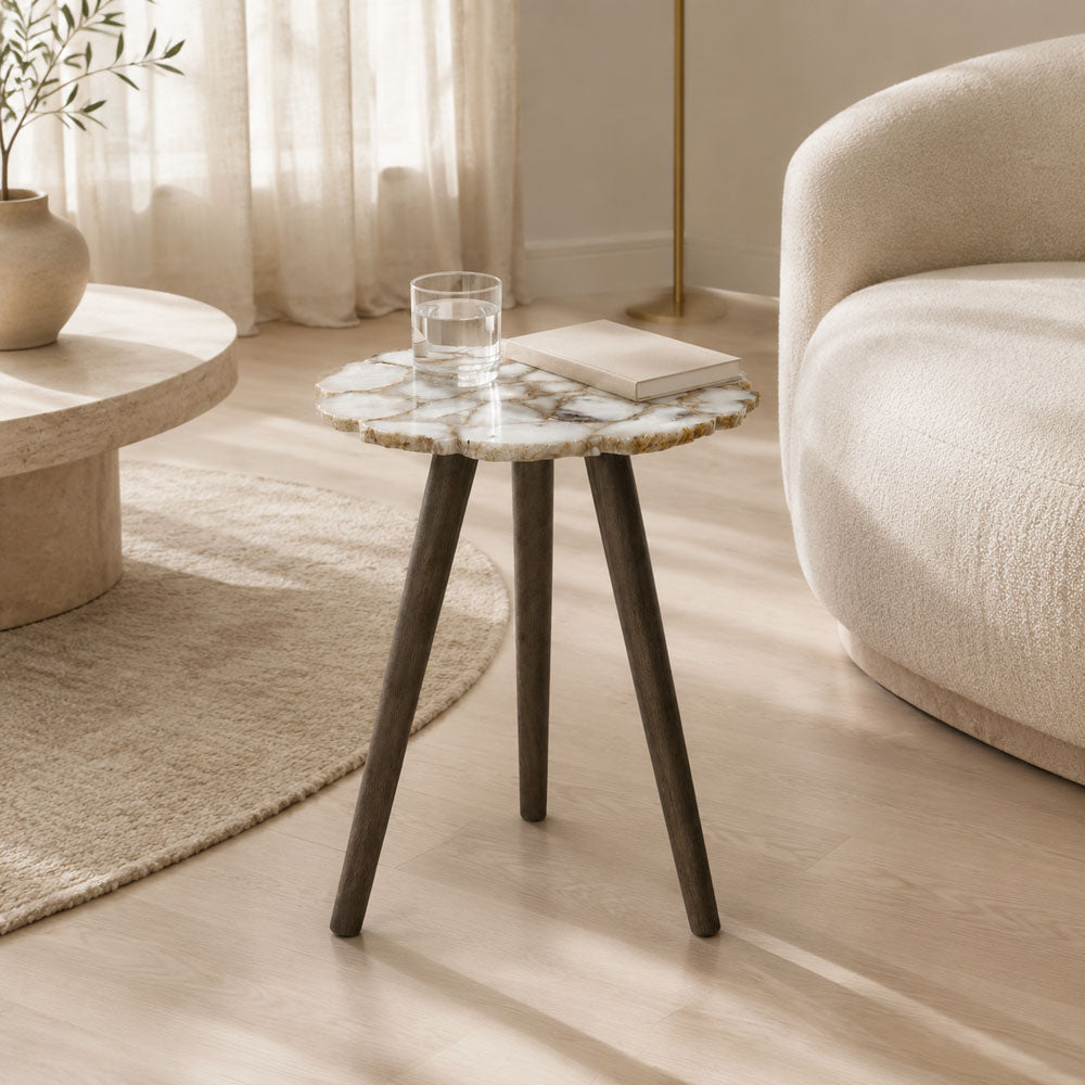 Tom Round White Agate Side Table with Acacia Wood Legs