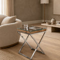 Melody Reclaimed Wood and Glass Side Table with Stainless Steel X-Legs