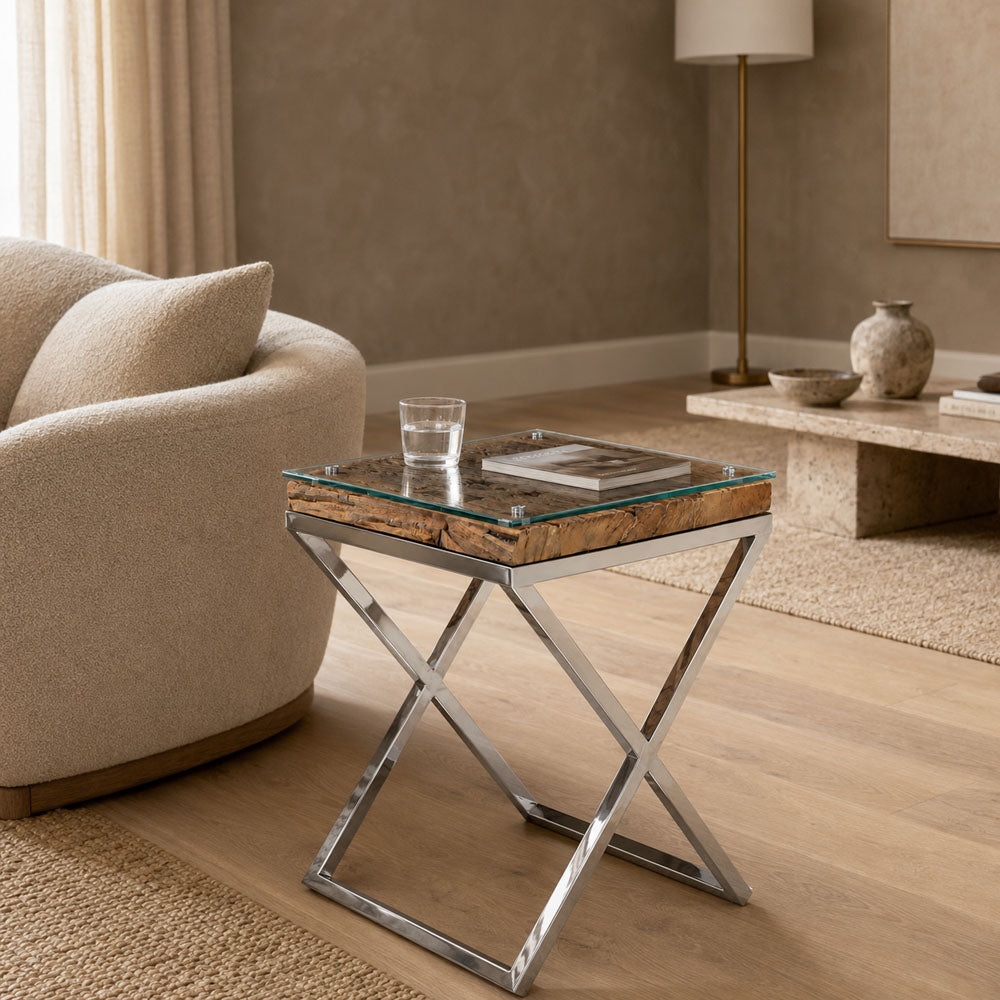 Melody Reclaimed Wood and Glass Side Table with Stainless Steel X-Legs