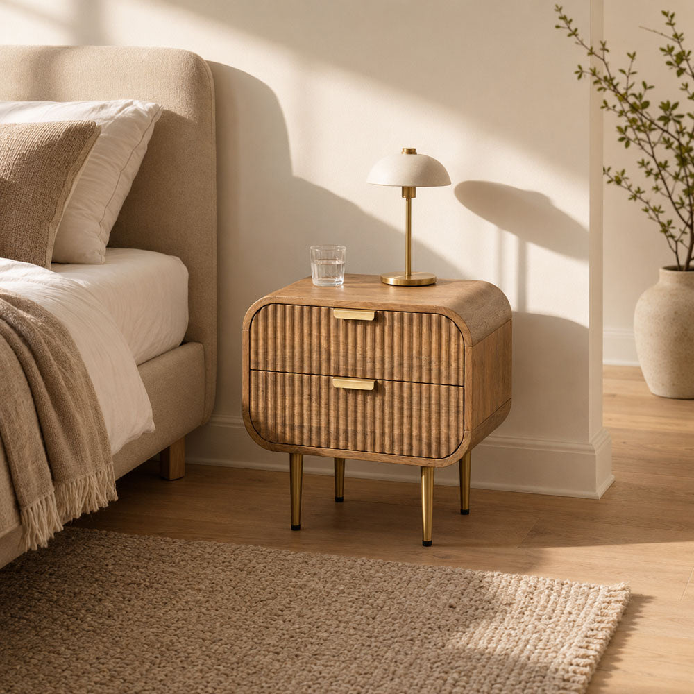 Devin Natural Mango Wood 2-Drawer Bedside Table with Iron Legs