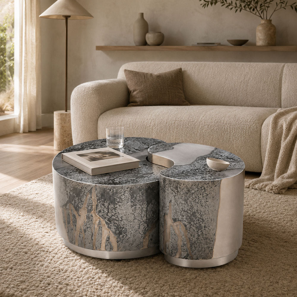 Marina Iron Nesting Coffee Tables - Set of 2 Modern Mercury Finish Accent Tables