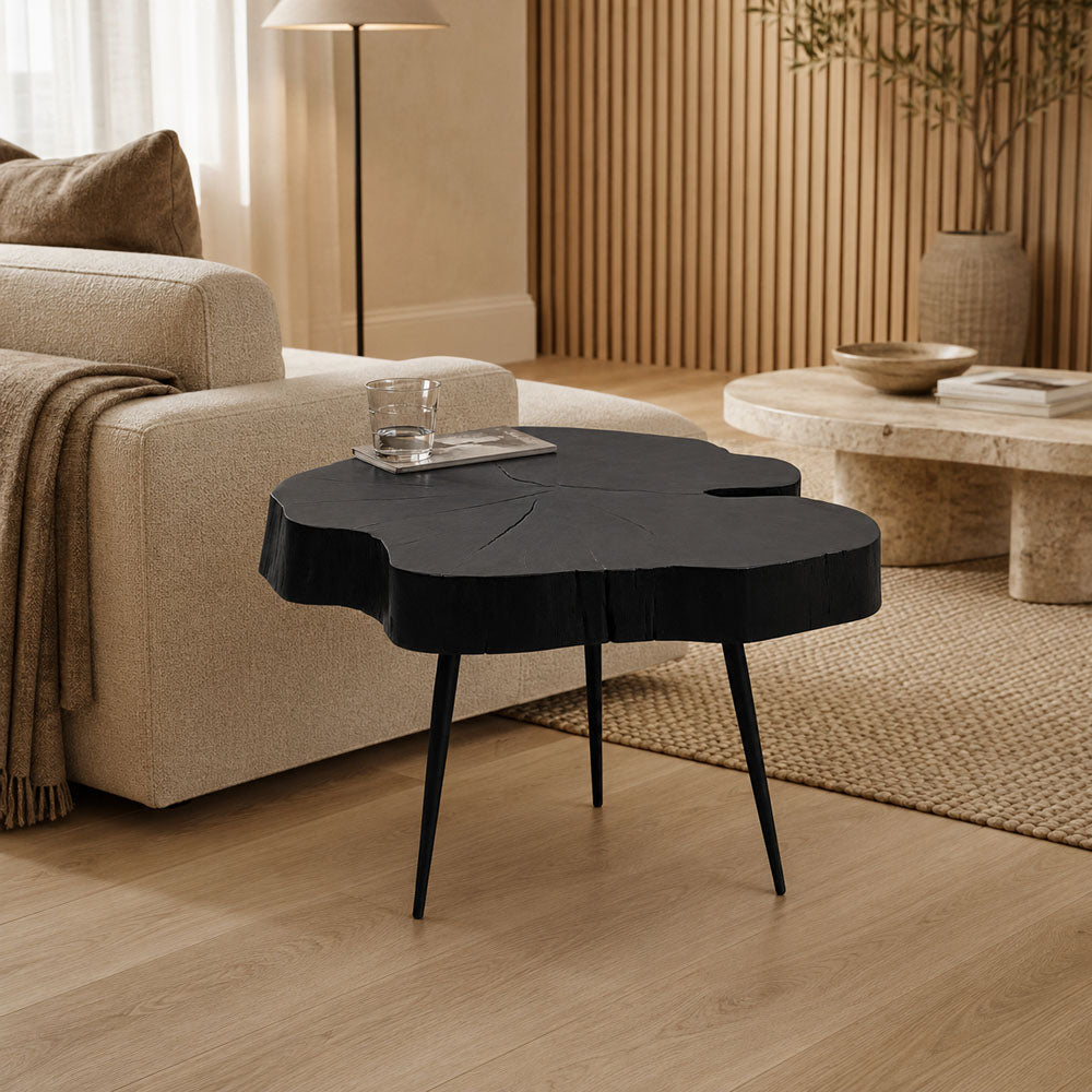 Mason Live Edge Acacia Wood Side Table with Black Iron Tripod Legs