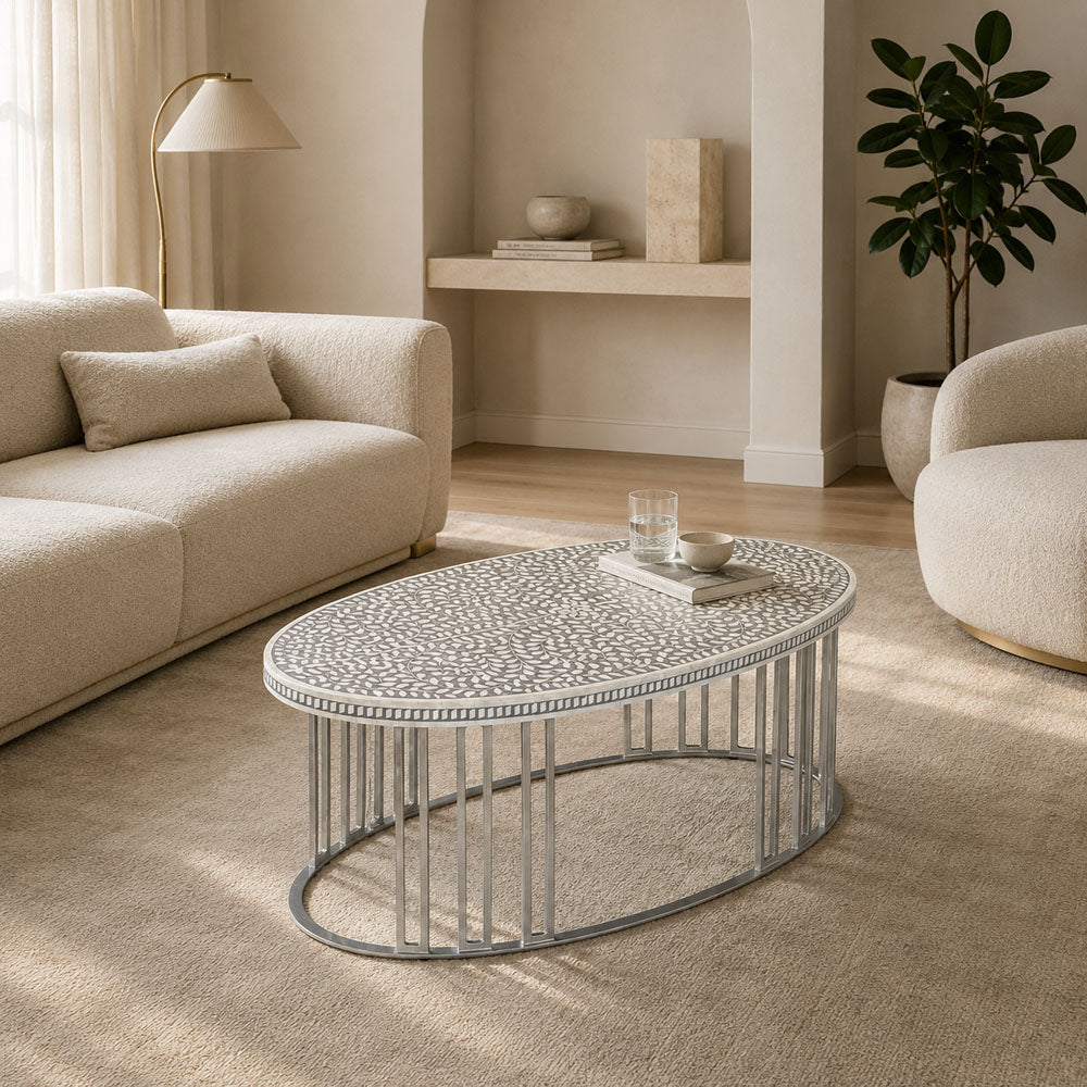 Maren Handcrafted Bone Inlay and Metal Coffee Table with Botanical Patterns