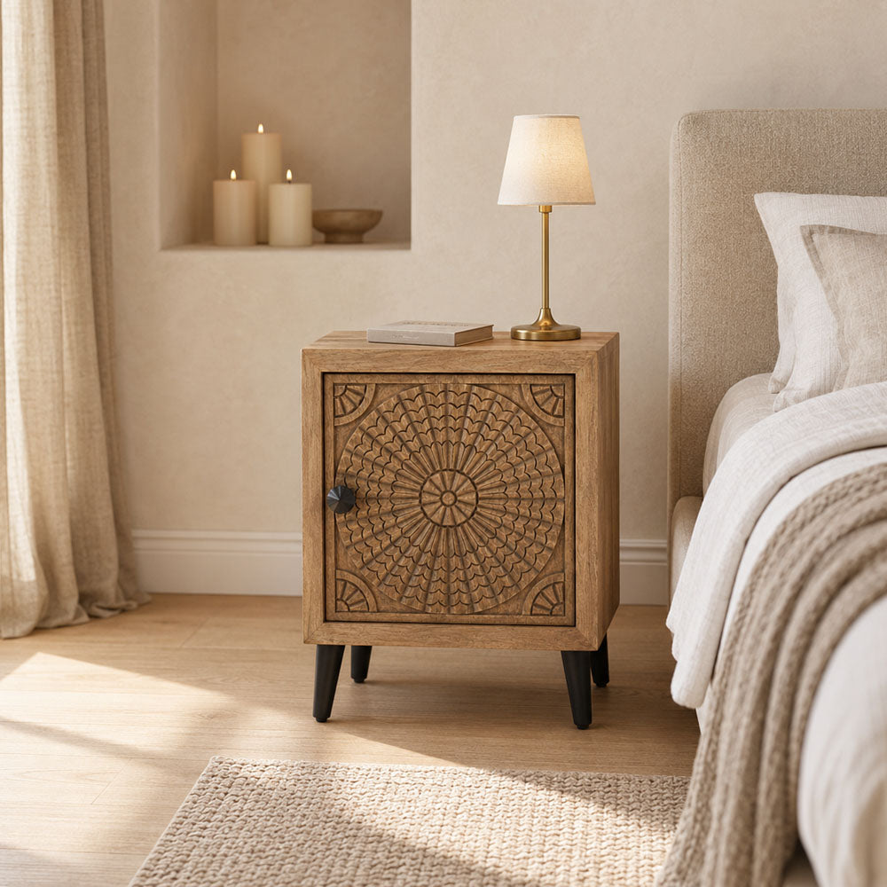 Zara Hand-Carved Mango Wood Bedside Table with Metal Legs