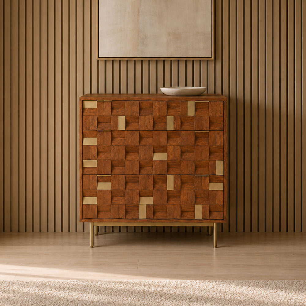 River Mango Wood Three Drawer Chest in Walnut Finish with Brass Accents
