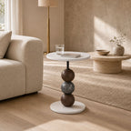 Julia Modern Sculptural Side Table - White Mango Wood with Marble Accents and Black Metal Legs