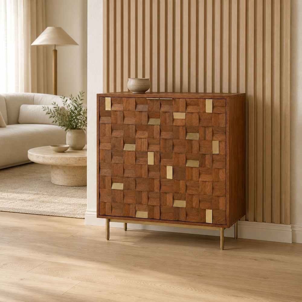 River Mango Wood 2-Door Cabinet with Brass Cladding and Metal Legs - Walnut Finish
