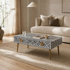 Cami Bone Inlay Striped Rectangular Coffee Table with Gold Metal Legs