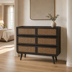 Jace Mid-Century Mango Wood 6-Drawer Chest with Stone Veneer in Walnut Finish