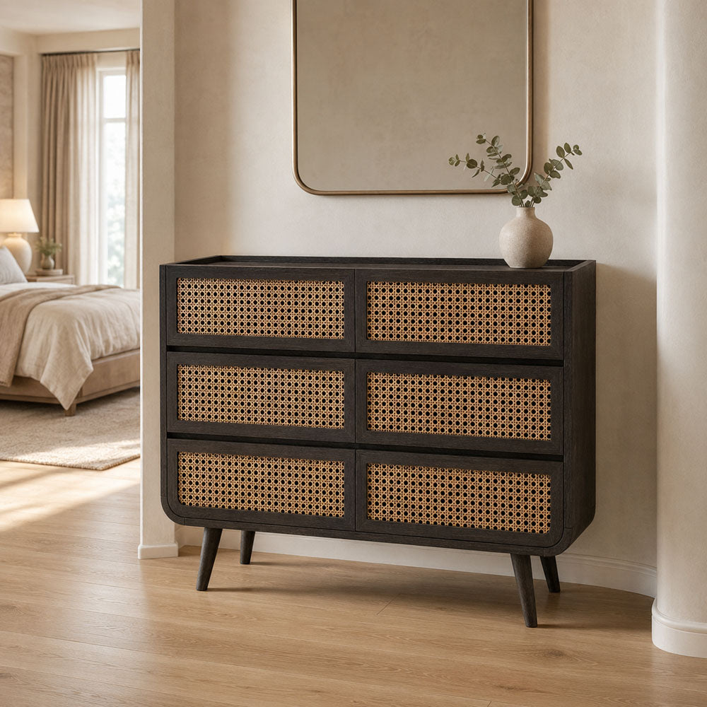 Jace Mid-Century Mango Wood 6-Drawer Chest with Stone Veneer in Walnut Finish