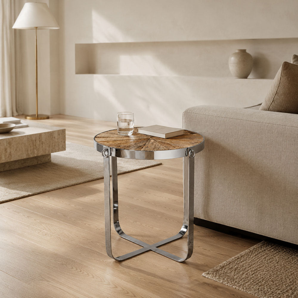 Enzo Reclaimed Wood Side Table with Stainless Steel Base