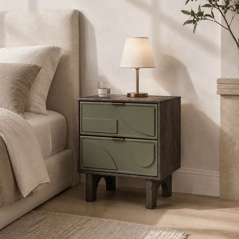 Moss Walnut Mango Wood Two Drawer Bedside Table Nightstand