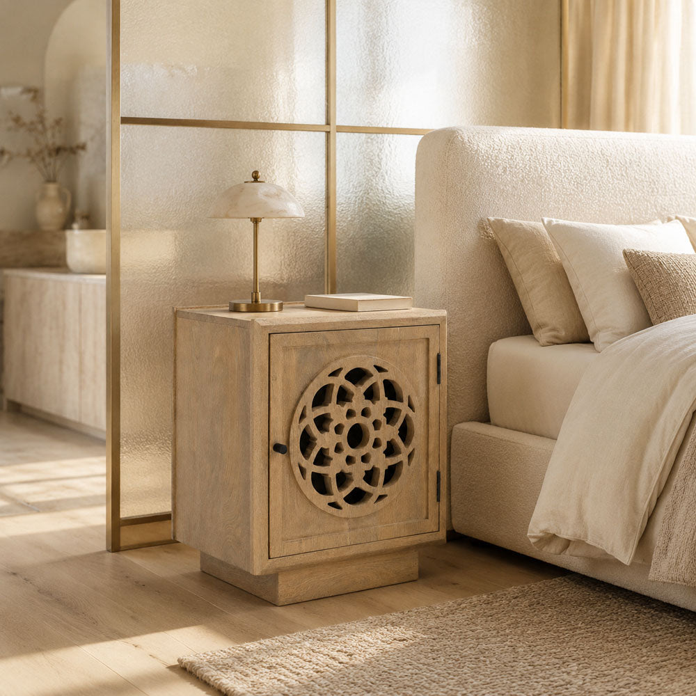 Serenity Hand-Carved Mango Wood Bedside Table - Ornate Floral Design Nightstand