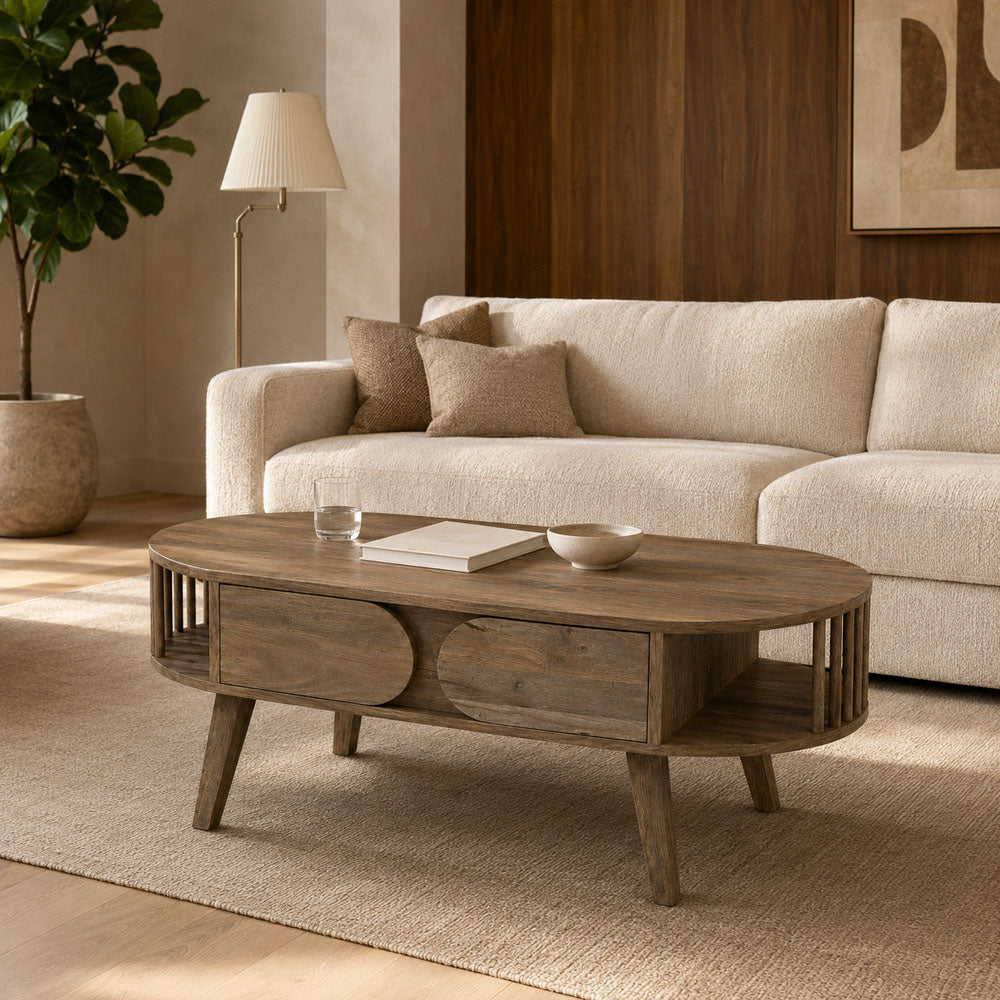 Dakota Mango Wood Coffee Table with Drawer and Curved Shelving - Walnut Finish