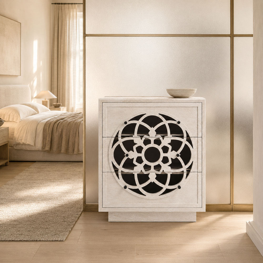 Serenity Hand-Carved Mango Wood Three Drawer Chest in White