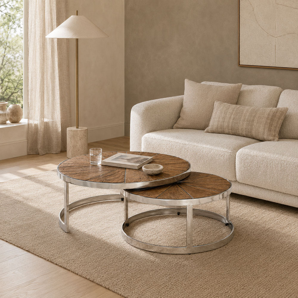 Theo Reclaimed Wood Nesting Coffee Tables with Silver Stainless Steel Legs