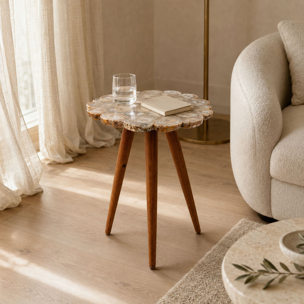Tom Agate and Acacia Wood Round Side Table