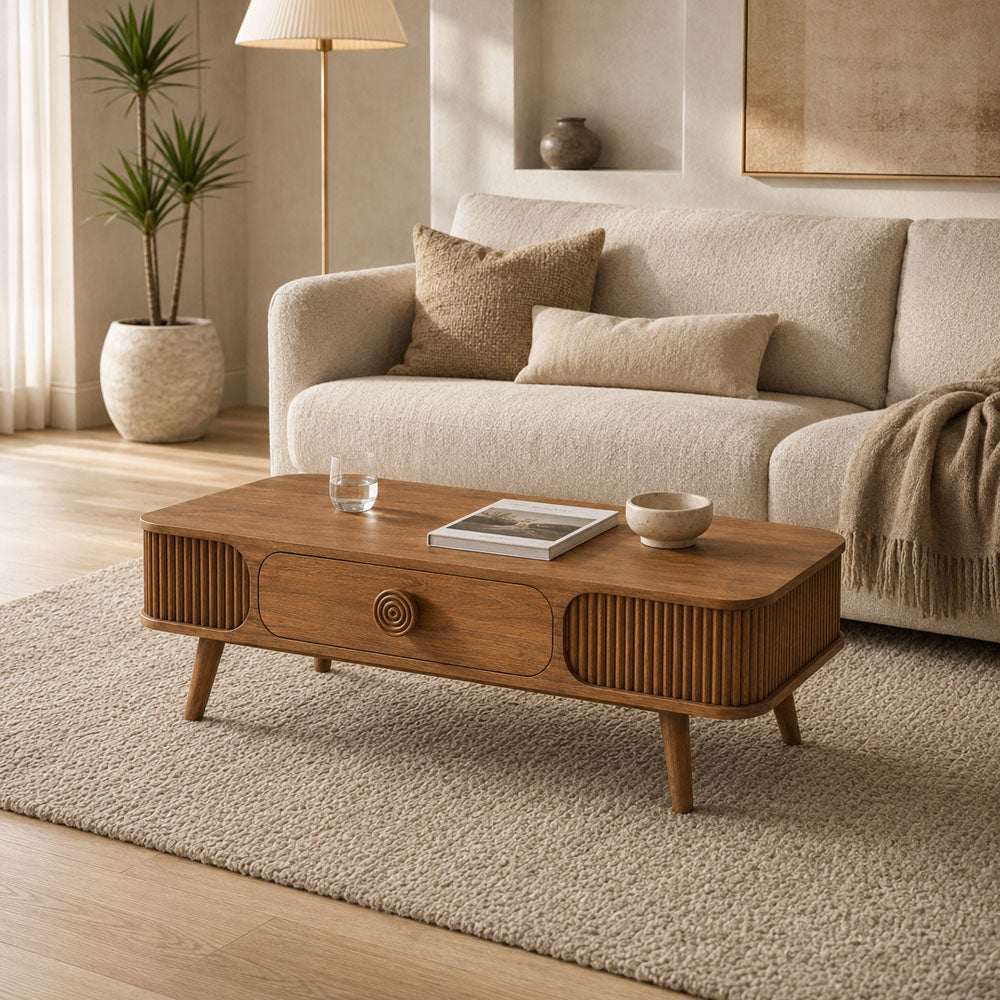 Sisal Honey Mango Wood Coffee Table - Scandinavian Fluted Design