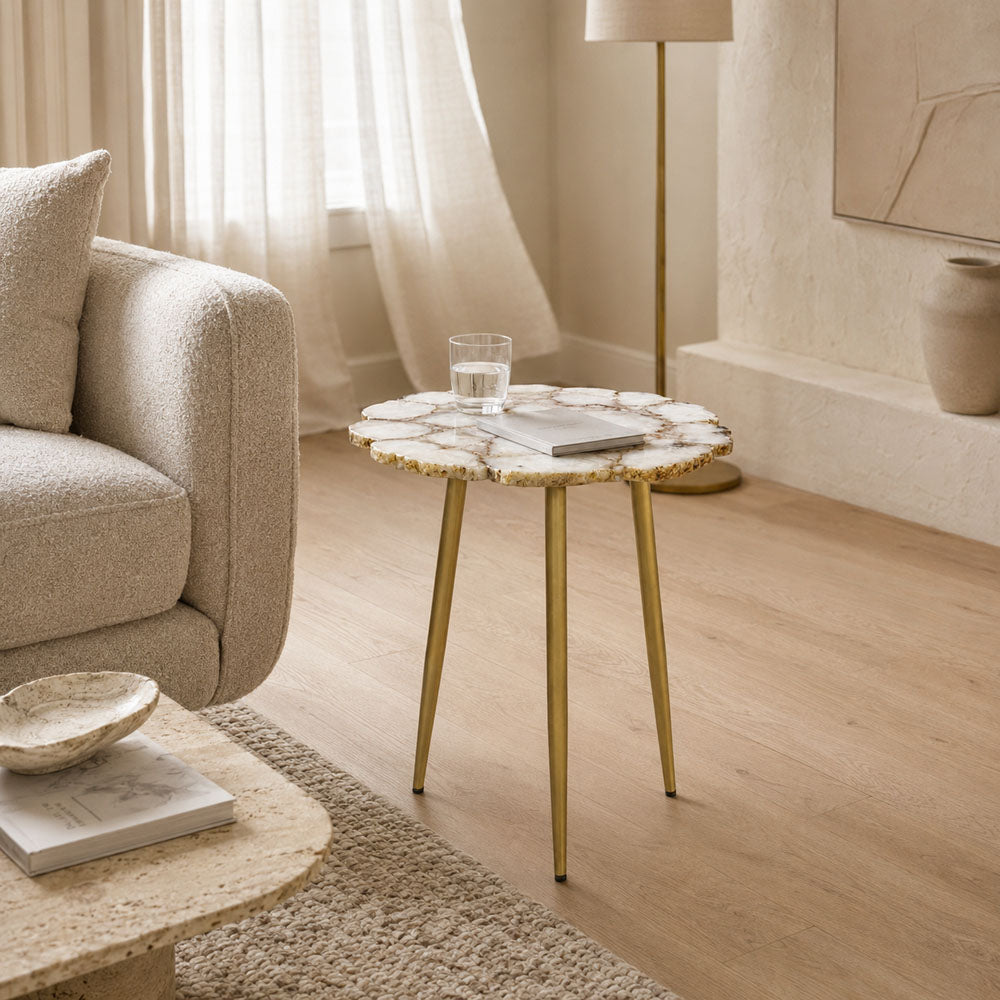 Dante Floral White Agate Side Table with Gold Tripod Legs