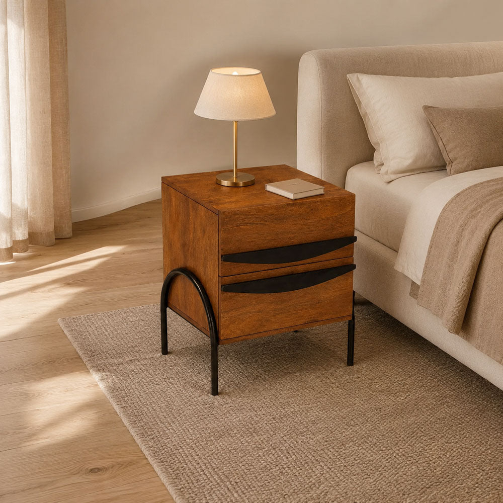 Dalton Walnut Finish Mango Wood 2-Drawer Bedside Table with Metal Legs